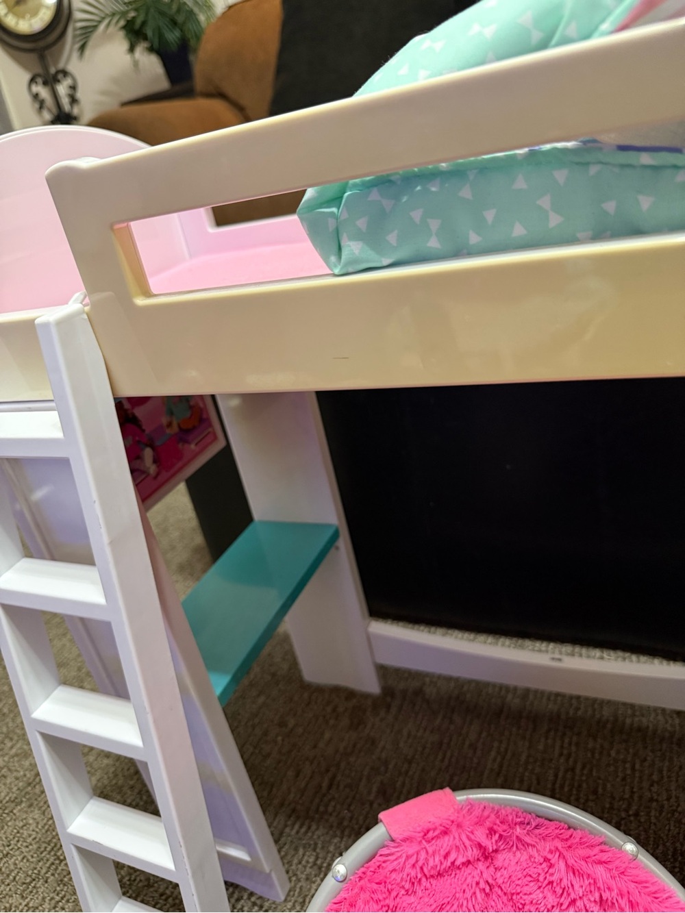 My Life As White Pink & Blue Loft Bed with Pink Fuzzy Papasan Chair Desk - Picture 6 of 14